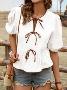 SHEIN LUNE 女士休闲泡泡袖撞色蝴蝶结衬衫，基础款短袖上衣，适合日常穿着，春夏棉质，休闲百搭 - 白色 - 查看 6