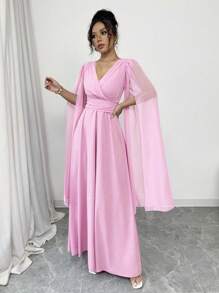 Rafferiza Vestido elegante de mujer para uso diario, banquetes, bodas, de cuello en V con pliegues cruzados en la cintura, corte 'A' con capa, de gasa transparente color lavanda para primavera y verano, falda larga