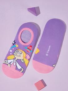 Nick 90s X SHEIN 3 Pairs Women Breathable Soft Boat Socks/Invisible Socks, Reinforced Toe And Heel, Wear All Seasons, Cute Cartoon & Contrast Color