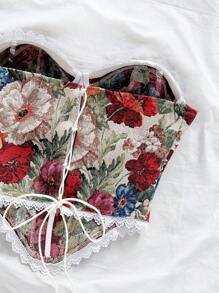 Soleia Elegant Bohemian Tropical Floral Print Tie Front Ruffle Design Crop Top,Beige,Summer,Cottage Core,Holiday,Tea Party,Beach Wedding Guest Graduation - Multicolor - View 4