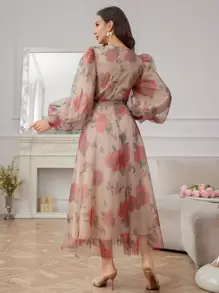 Modelyn Women's Rose Printed Mesh Modest Long Lantern Sleeve Dress With Belt Long Evening Dresses - Multicolor - View 2