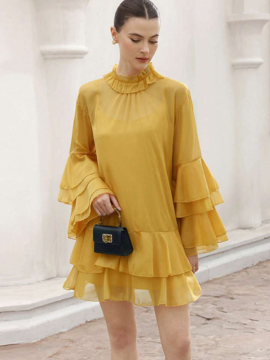 BELROSIE Golden Yellow Elegant Tea Party Women's Shiny Chiffon Layered Ruffle Neck & Cuff Long Sleeve Mid-Length Dress,Autumn Spring Fall Style - Yellow - View 1