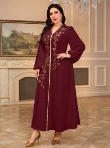 Al Najma Plus Size Women Plant Embroidery Patchwork Lantern Sleeve Arabic Style Dress, Modest Kaftan