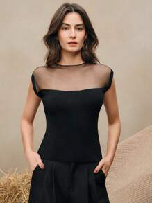 Anewsta Women Fitted Round Neck Transparent Patchwork Knit T-Shirt, Elegant For Spring & Summer - Black - View 4