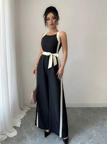 Rafferiza 春季女式时尚性感优雅黑白拼接连体裤 - 黑色 - 查看 5