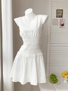 SHEIN EZwear Summer Sleeveless Ruched Waist Mini Dress - White - View 2