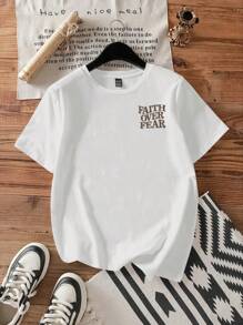 Attitoon Casual Round Neck Retro English Graphic White Short Sleeve Fitted T-Shirt For Women, Summer-Suitable