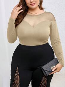 SHEIN Privé Plus Size Women Solid Round Neck Long Sleeve T-Shirt With Mesh Splicing - Apricot - View 5