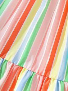 SHEIN Baby Girl Summer Korean Casual Cute Multi-Color Stripe Print Woven Dress