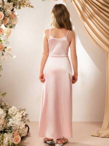 Girls' Simple Elegant Fashion Sleeveless High Waist Fitted Solid Satin Shiny Dress, Suitable For Flower Girl Wedding, Pink - Pink - View 2