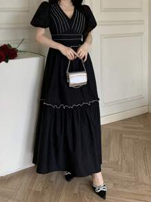 Modelyn Women's Color Block Puff Sleeve Casual Long Dress,Tea Party Dress,Summer Dresses For Women,Summer Outfits For Women,Sun Dress - Black - View 5