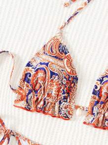 SHEIN Swim Neckholder-Halskette, Muscheldekor, Rüschen-Dreiecksoberteil und seitlich zu bindendem Dreiecksunterteil, zufälliger Muster, 2 Stücke Bikini-Set, Sommerstrand