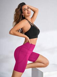 Cheerettes Shorts deportivos de cintura alta sin costuras de unicolor minimalista - Rosa Fucsia - Ver 5