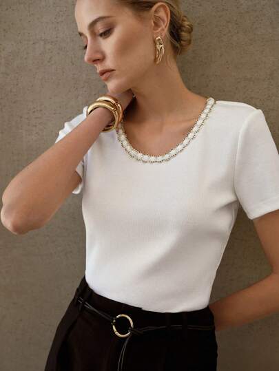 MOTF PREMIUM SOLID TAPE TRIM SHORT SLEEVE TEE,SUMMER OUTFITS