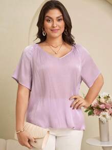 EMERY ROSE Plus Size Casual Solid Color Short Sleeve Shirt - Purple - View 3