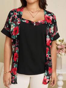 EMERY ROSE Damen Große Größen Floral Muster elegantes Kurzarmhemd für den Urlaub - Verschiedenfarbig - Übersicht 7