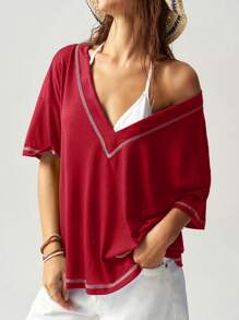 Bohemela Solid Color V-Neck Short Sleeve Loose Casual T-Shirt For Women