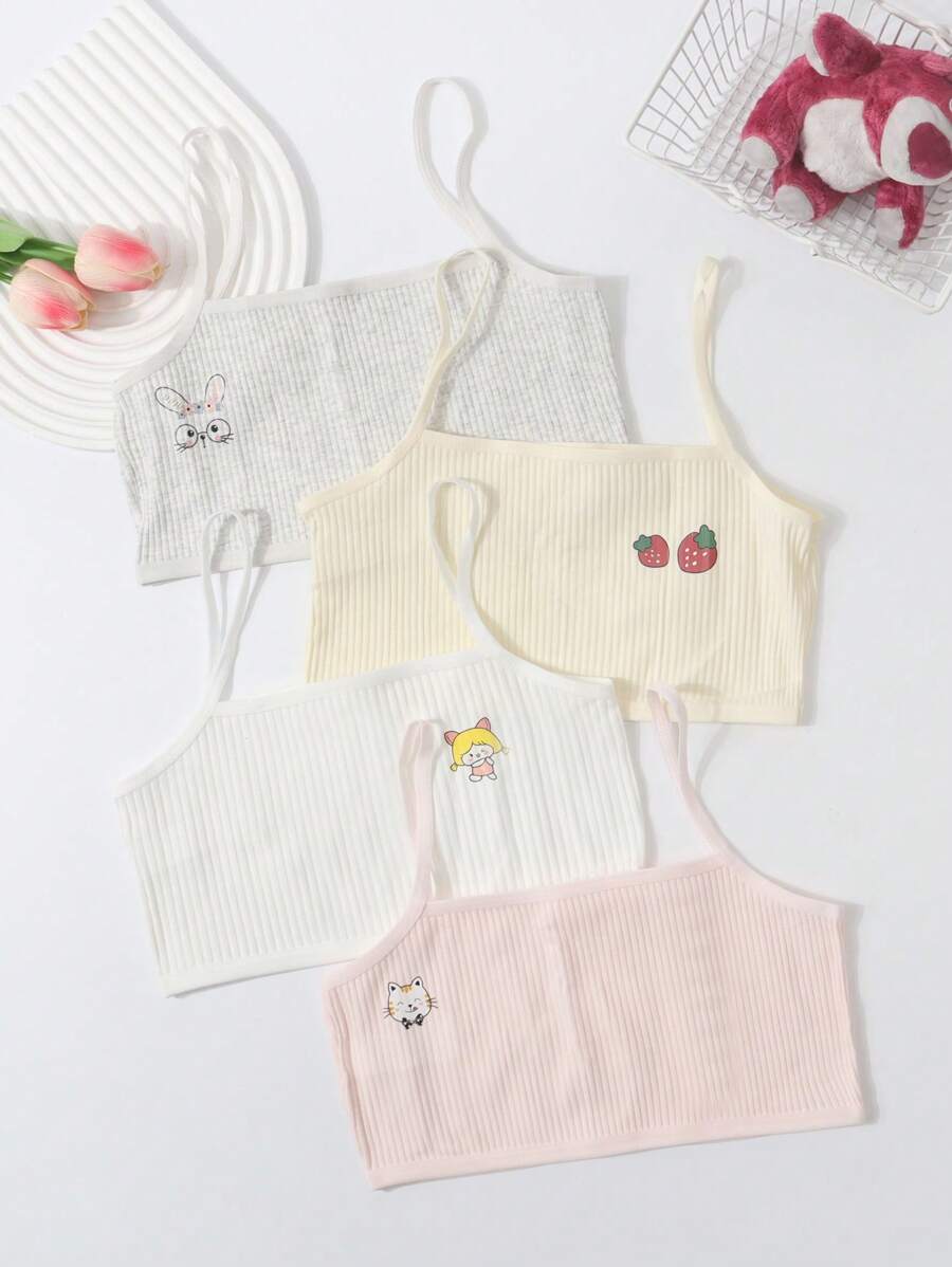 4pcs Girls Strawberry, Rabbit, Cat, Food & Animal Print Cami Top Comfortable Stretchy Vest Underwear Set, Pink/Yellow/White/Grey