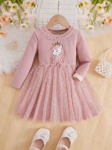 SHEIN Young Girl Unicorn Print Mesh Hem Thermal Lined Dress