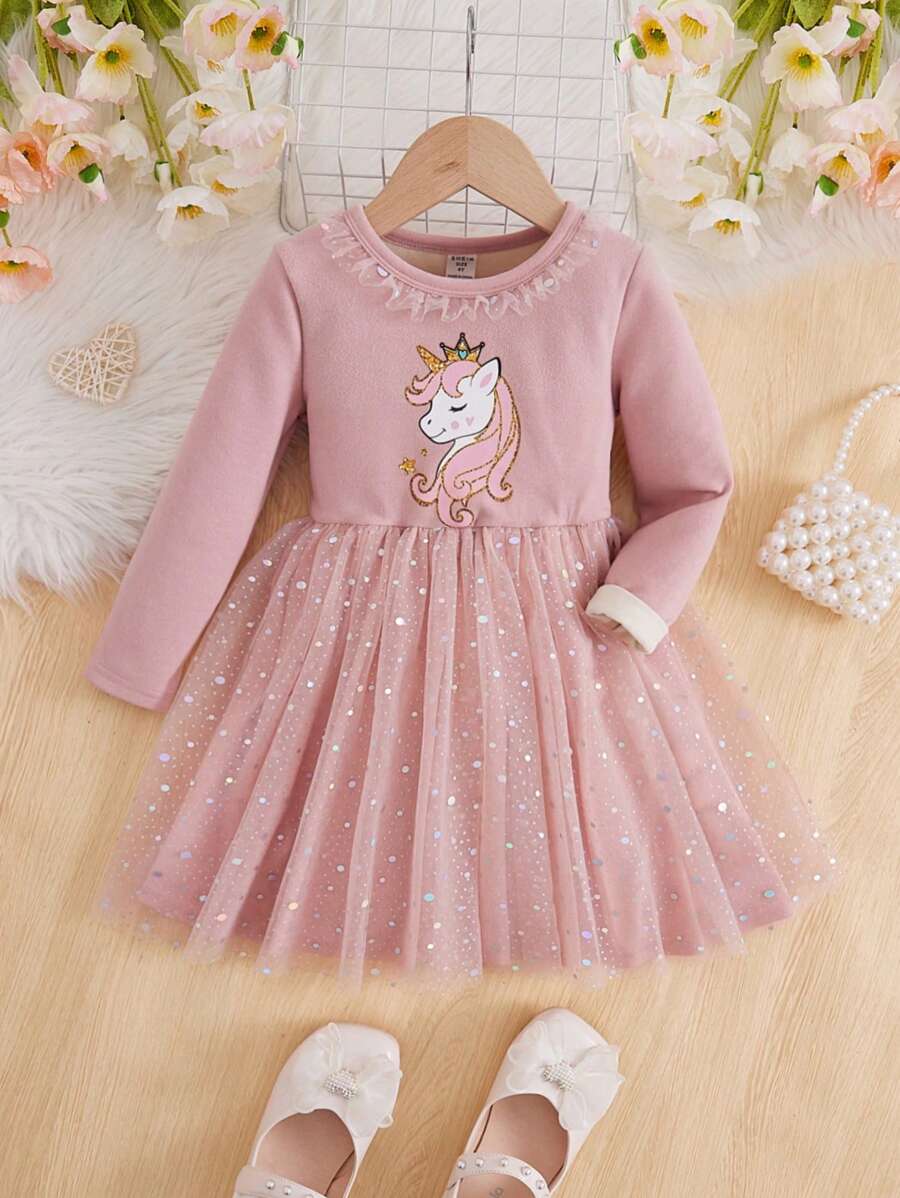 SHEIN Young Girl Unicorn Print Mesh Hem Thermal Lined Dress