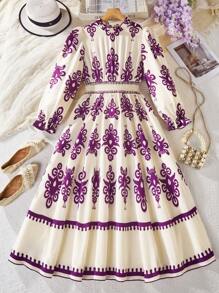 青少年女孩时尚黑色和杏色花卉印花泡泡袖中长连衣裙 - 紫色 - 查看 1