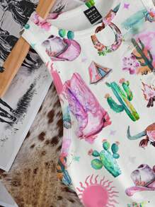 SHEIN EZwear 休闲简约波西米亚风节日彩色涂鸦印花紧身圆领女式背心适合夏季 - 白色 - 查看 4