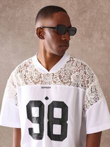 SUMWON Summer Football Jersey Style Casual Athletic T-Shirt With Delicate Lace Shoulder Inserts Detailed Number Print Leisure Sports Varsity Design Streetwear Fashion Everyday Essential - White - View 3
