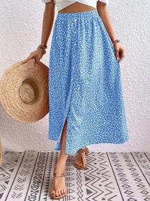 Breezaya 女士碎花纽扣设计松紧腰休闲中长裙 - 淺藍色 - 查看 5