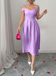 Rafferiza Elegante vestido rosa con escote hombros descubiertos, volantes en la cintura, talla grande, apropiado para uso diario, citas, fiestas - Púrpura malva - Ver 6