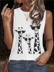 EMERY ROSE Plus Size Casual Minimalist Deer Spotted Animal Print Round Neck Tank Top, Suitable For Summer Back To School,Spring/Vacation - White - View 1
