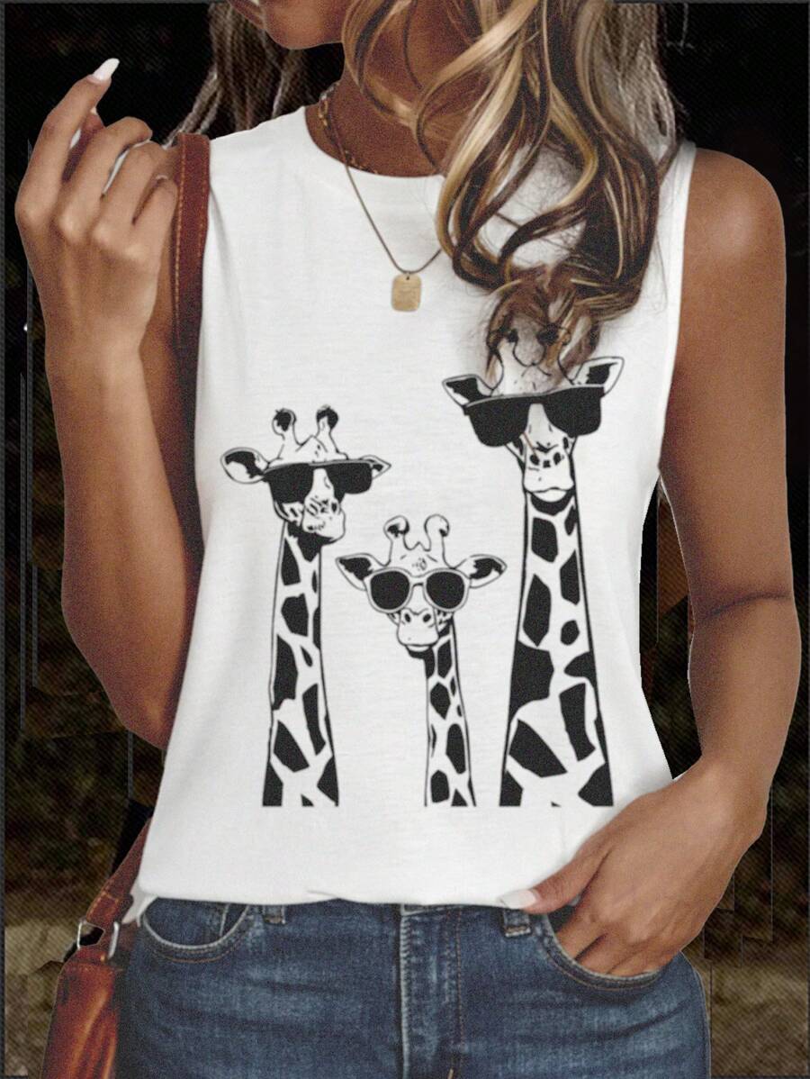EMERY ROSE Plus Size Casual Minimalist Deer Spotted Animal Print Round Neck Tank Top, Suitable For Summer Back To School,Spring/Vacation - White - View 1