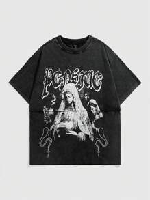 ROMWE MEN Street Life 男士夏季休闲图形字母印花 T 恤 - 黑色 - 查看 8