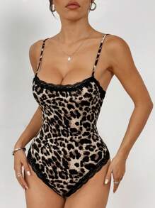 SHEIN EZwear Women's Leopard Print Contrast Lace Bodysuit Sexy - Khaki - View 5