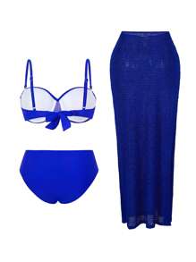 Swim Oasis Women 3-Piece Solid Color Supportive Strap Bikini Set, Fashionable Sexy See-Through Long Skirt Beach Swimwear For Summer Beach Vacation - Royal Blue - View 5