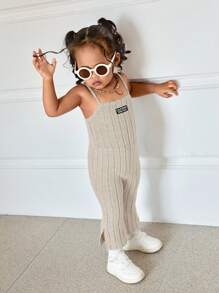 SHEIN Leap Crew Babygirl Cute Knitted Khaki Letter Print Camisole Jumpsuit Flare Pants, Spring & Summer - Khaki - View 3