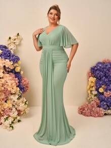 SHEIN Belle Plus Size Elegant Minimalist Romantic Light Green Ruffle Sleeve V-Neck Split Pleated Long Bridesmaid Dress - Green - View 5