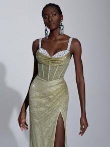 Elitara Elegant Luxurious Pearl & Sequin Splicing Elastic Net Ruffle Draped Neck Mermaid Slit Maxi Dress, Suitable For Wedding, Party, Single's Gathering, Vacation, Ball Gown (Heavy Design), Formal, For Evening, Wedding Guest Wedding Guest Dress - Elegant Floor Length Gown For Formal Occasion - Green - View 2