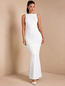 SHEIN BAE Đầm suông hở lưng thanh lịch gợi cảm màu trơn không tay, thích hợp cho tiệc cocktail, hẹn hò lãng mạn, áo lót thu đông, tụ họp, tiệc tùng, đi chơi đêm, đám cưới, Halloween, Giáng sinh - trắng - Xem 4