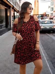 SHEIN LUNE Vestido de hombros descubiertos con estampado de leopardo y recortes para mujer de talla grande, vestidos de verano para mujer, estampado de guepardo, atuendos para rave y festivales, ropa occidental para mujer, estilo bohemio, hippie, vaquera, conjunto bohemio