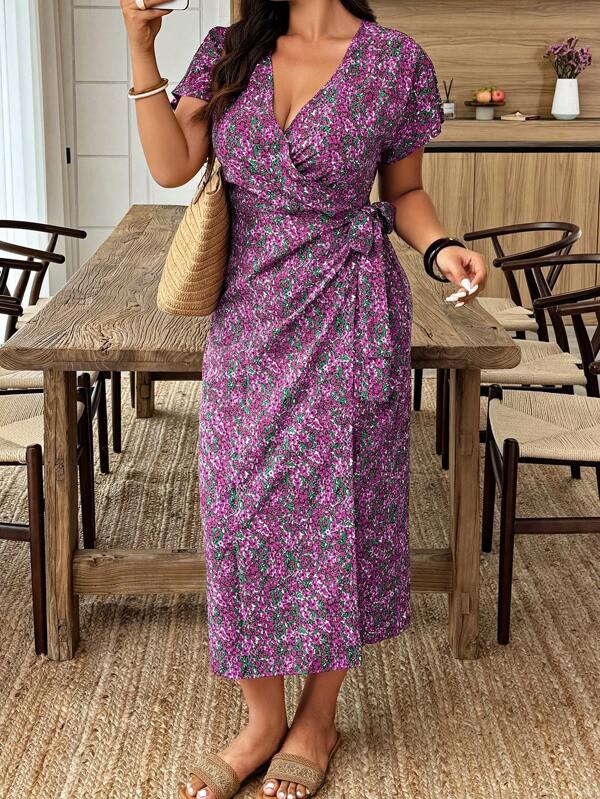 Plus Size Women Casual Floral Print Knot Side Dress, Vacation Style