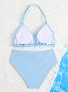 Teen Girl' Bikini Swimwear, New Arrival For Spring/Summer. Light Blue Solid Color Fabric, Halter Design. Seashell Decor. Delicate, Suitable For Teens To Wear On Vacation Or At The Beach - Blue - View 3