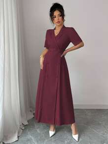 Elenzga Robe élégante et décontractée pour femmes, pour le travail et la ville, de couleur unie avec col cranté, à double boutonnage et ceinturée, manches courtes, pour le printemps/l'été - Rouge foncé - Voir 6