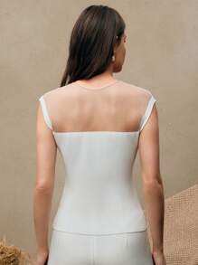 Anewsta 女式立领修身短袖透明拼布针织 T 恤，春夏商务休闲，优雅现代，全白 - 白色 - 查看 4