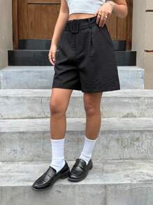 SHEIN EZwear 女士纯色褶皱阔腿宽松休闲短裤