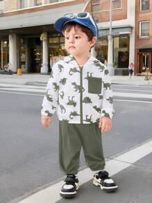 Conjunto de 2 piezas para bebé niño/niña, chaqueta ligera con capucha estampado de dinosaurio en contraste de color y pantalón liso de unicolor, adecuado para primavera, verano, otoño y viajes al aire libre