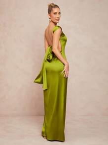 Lumalex 女士露背系带褶皱长款缎面连衣裙 - 綠色 - 查看 6