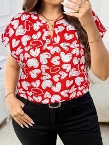 SHEIN Clasi Plus Size Women's Elegant Heart Print V-Neck Blouse - Red - View 1