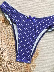 SHEIN Swim 随机波尔卡圆点印花露背三角上衣搭配蝴蝶结装饰和高腰泳裤，女士海滩夏季比基尼套装 - 藏蓝色 - 查看 4