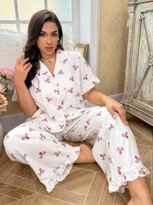 CottageSlumber Conjunto de ropa de dormir de talla grande con volantes en el bajo y estampado floral romántico