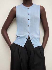 BizChic Women Round Neck Blue Button Up Open Shoulder Casual/Work/Travel Cardigan Top In Fall/Winter - Blue - View 7